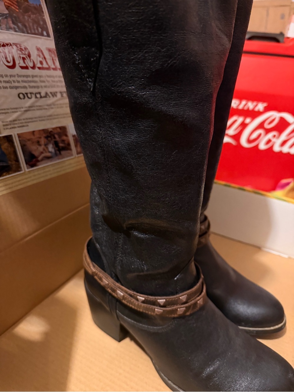 Durango Black Knee-High Heeled Boots with Brown Studded Strap